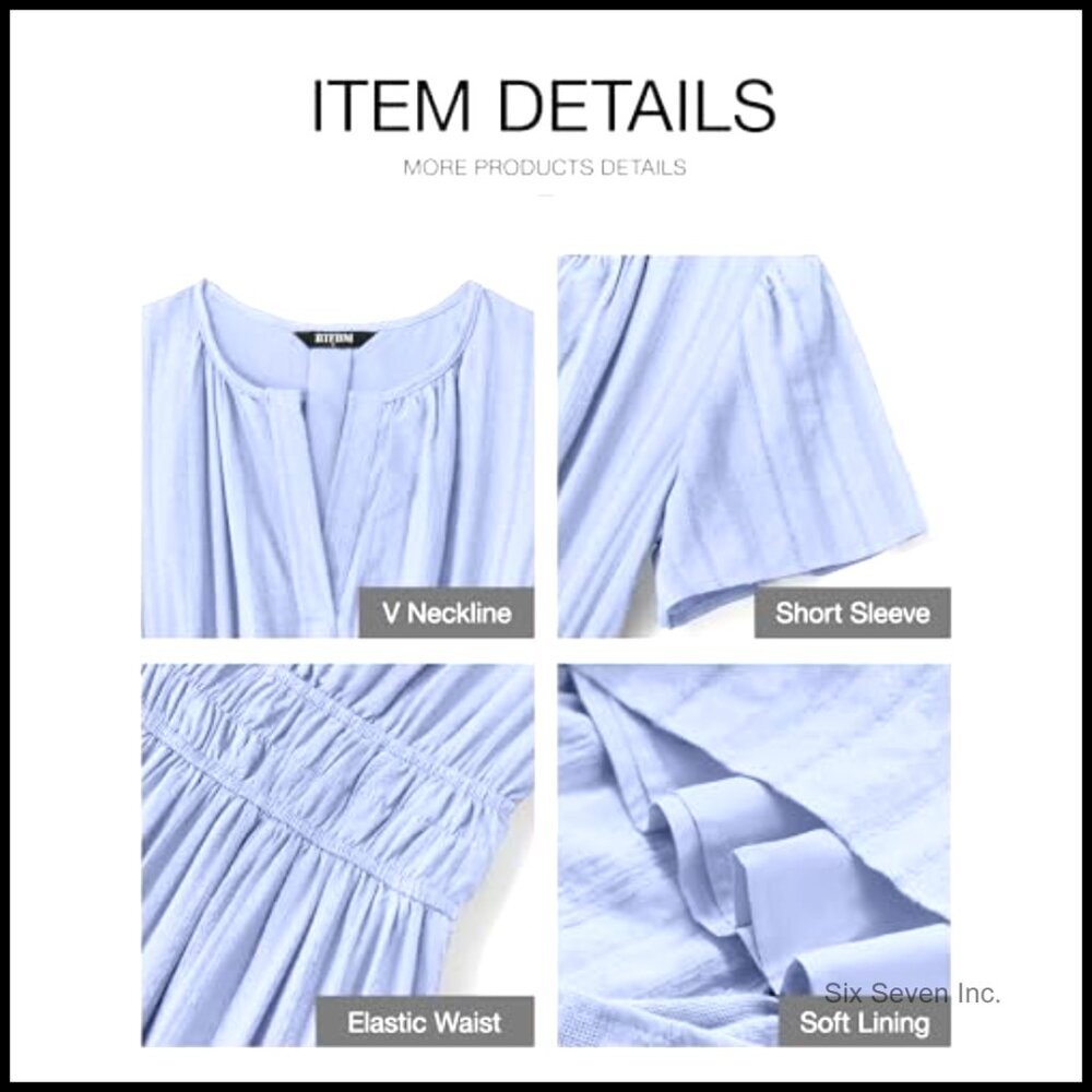 Lightweight Maxi Dress with Short Sleeves V Neck Elastic Waist Pockets - Picture 4 of 7